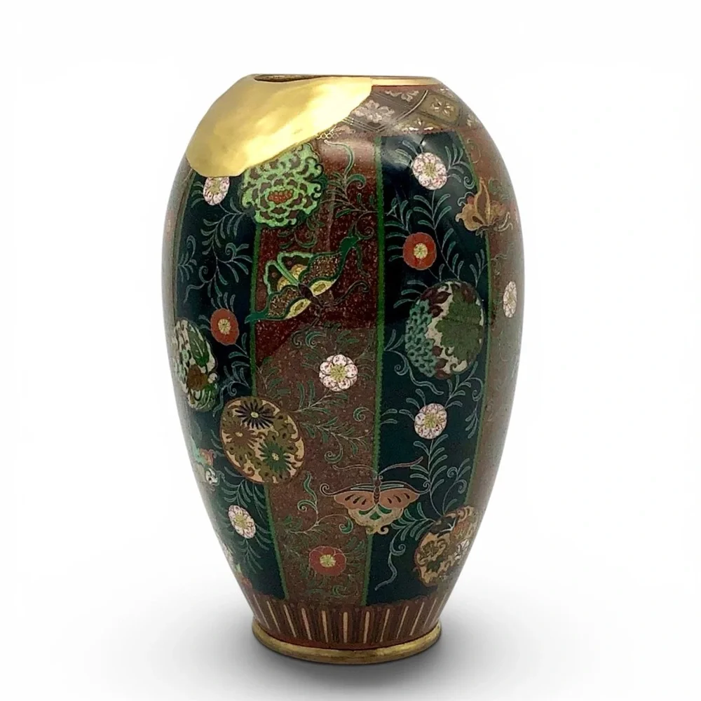 Antique Japanese Meiji Cloisonne Goldstone Vase Fine Kintsugi Art Repair